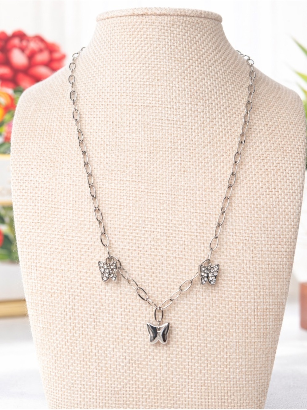 Silver Tone Butterfly Necklace Rhinestone Charms Adjustable Chain Minimalist